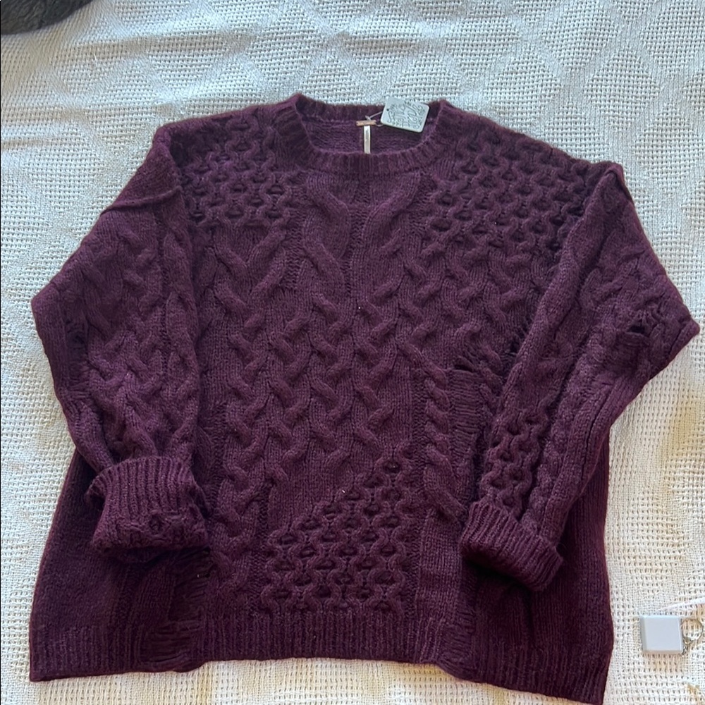 FREE PEOPLE NWT Women's Cable Knit boxy Sweater - Deep Purple, distressed.